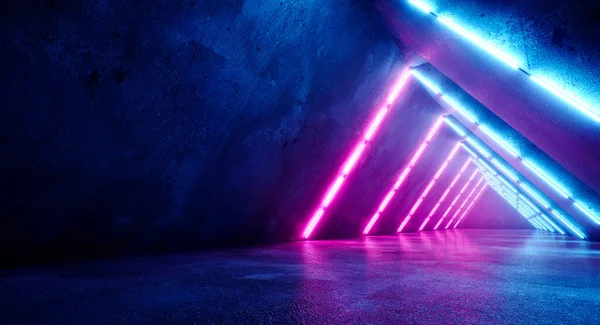 Triangle dark tunnel, with illumination of blue and red light. Dark, long corridor, neon light, rays. Abstraction night view. 3D illustration.