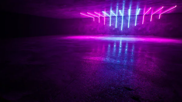 Футуристичний Sci Темна Порожня Кімната Блакитною Фіолетовою Неоновими Світяться Трубками — стокове фото