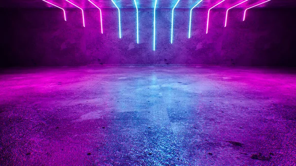 Futuristic Sci-Fi Modern Empty Stage Reflective Concrete Room With Blue And Purple Glowing Neon Tubes Shape Empty Space Wallpaper Background. 3D Rendering