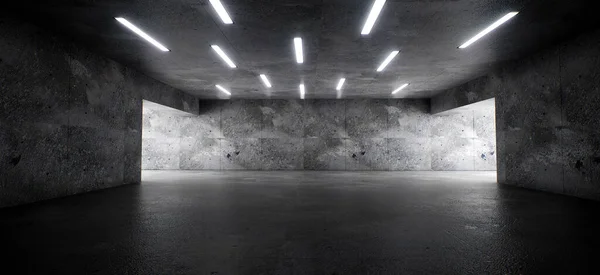 Garaj çimento bilim kurgu beton Grunge karanlık yeraltı stüdyosu otoparkı araba galerisi. Arkaplan Geleceği 3D Görüntüleme