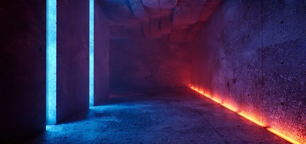 Elegantní Sci Minimalistický Futuristický Temný Grunge Betonový Pokoj Oranžově Modrou — Stock fotografie