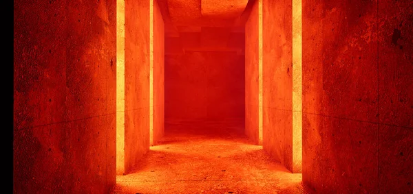 Abstract architectural concrete and coquina interior of a minimalist house with orange color gradient neon lighting. 3D rendering.