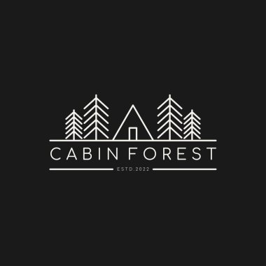 Kulübe Ormanı minimalist logo şablonu. Ağaçlar ve çadır logosu tasarımı. Vektör illüstrasyonu.