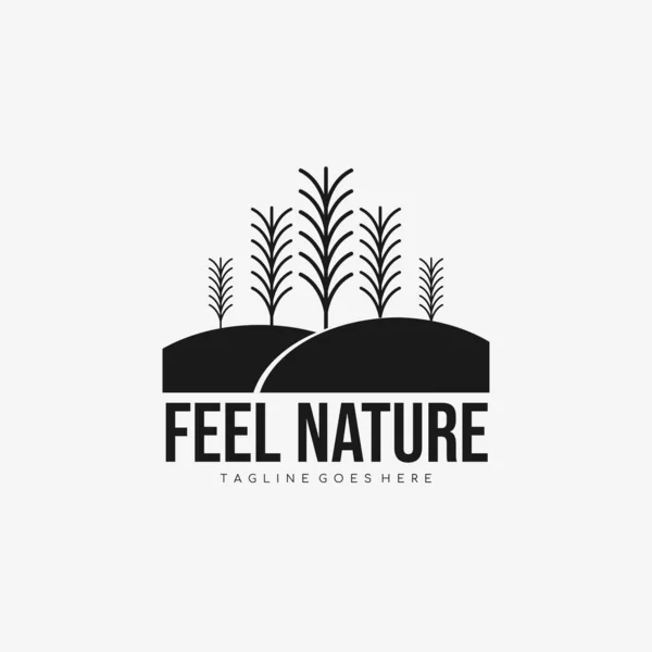 Doğa minimalist logo şablonunu hisset. Ağaçlar ve tepeler logo tasarımı. Vektör illüstrasyonu.