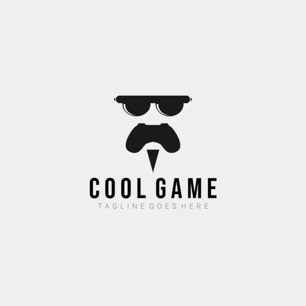 Güzel oyun logosu tasarımı. Gözlüklü ve sakallı Joystick logo şablonu. Vektör İllüstrasyonu