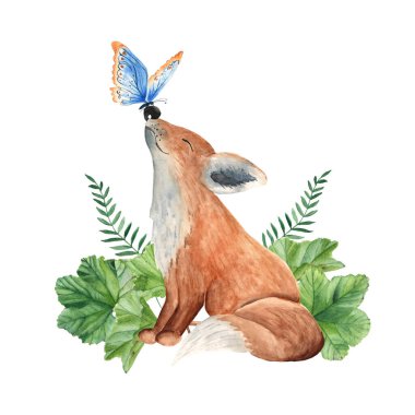 Kelebekli ve yeşil yapraklı şirin yavru tilki. Beyaz arka planda çocuk ormanı suluboya çizimi. Bebek posterleri, giysiler ve tişört baskıları için ideal..