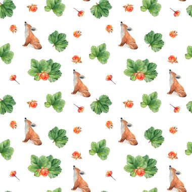 Beyaz arka planda kusursuz bir yavru tilki ve dut deseni. Suluboya el çizimi çizimi. Paket kağıdı, kumaş ve tekstil tasarımı için ideal.