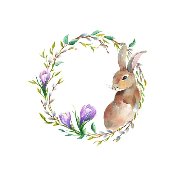 Spring floral wreath with cute bunny isolated on white background. Crocus, willow branches. Watercolor illustration. Perfect for cards, posters. — Stock Photo, Image