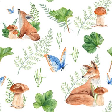 Orman güdüleri olan kusursuz desenler: sevimli anne ve yavru tilki, mantarlar, yeşil bitkiler ve mavi kelebek. Beyaz arka planda. Suluboya el çizimi çizimi. Çocuklar için ideal duvar kağıdı, ambalaj kağıdı, kumaş ve tekstil tasarımı.
