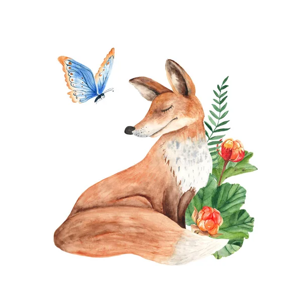 Fox with cloudberries, green twigs and blue butterfly isolated on white background. Watercolor hand drawn illustration. Perfect for posters, farbic and t-shirt prints, stickers, postcards.
