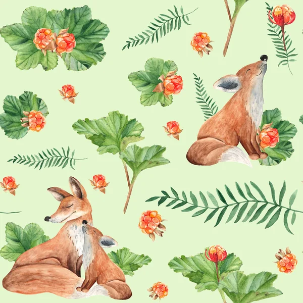 Seamless pattern with forest motives: cute mother and baby fox, green plants and cloudberries. On light green background. Watercolor hand drawn illustration. Ideal for kids wallpaper, wrapping paper, fabric and textile design.