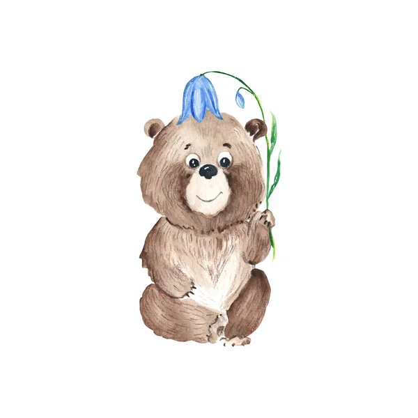Милый Медвежонок Голубым Колокольчиком Изолированный Белом Фоне Ручной Рисунок Акварелью — стоковое фото