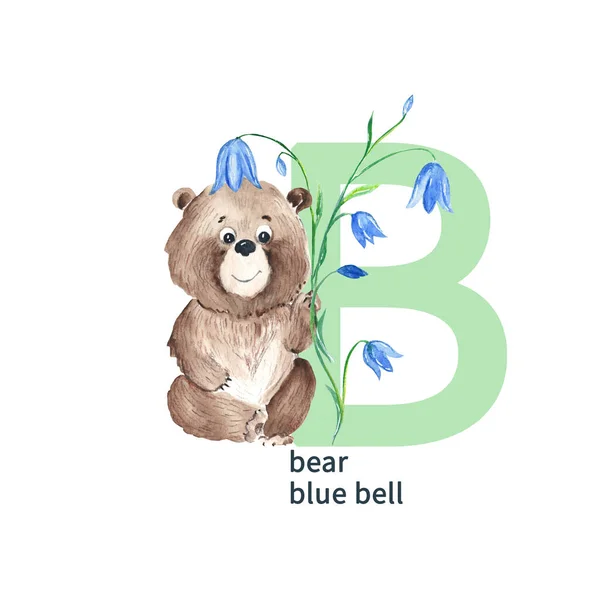 Letter B, uppercase, teddy bear, blue bell, cute kids colorful animals and flowers ABC alphabet. Watercolor hand drawn illustration isolated on white background. Can be used for alphabet or cards for