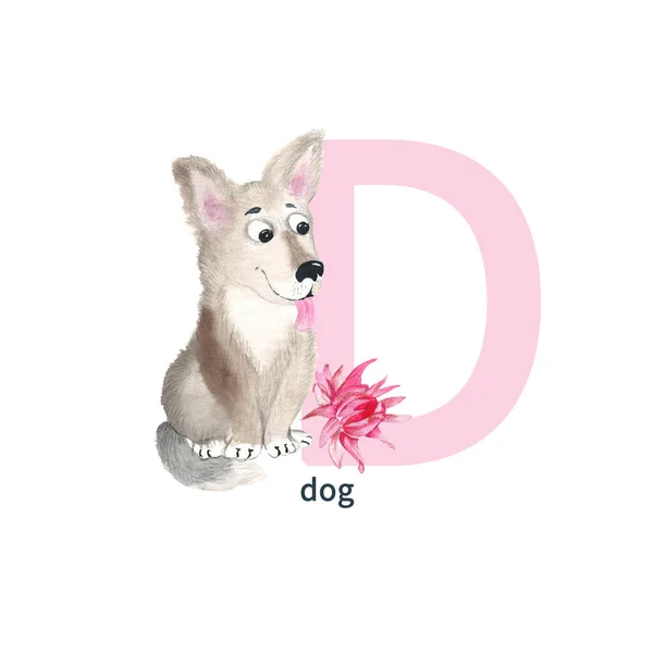 Buchstabe Großbuchstaben Welpe Hund Mit Rosa Dahlie Niedliche Kinder Bunte — Stockfoto