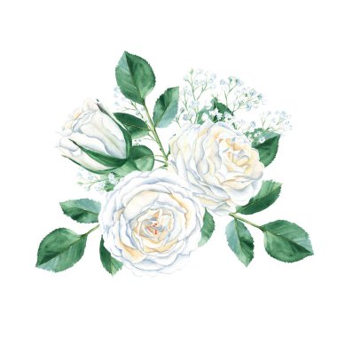 Creamy white rose watercolor wedding bouqet isolated on white background. Roses buttons, leaves and white gypsophila. Hand drawn botanical illustration. Can be used for wedding, birthday, greeting