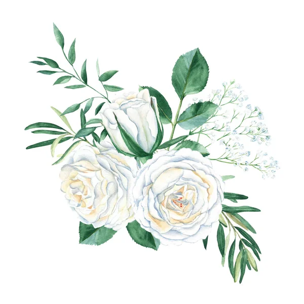 Creamy White Rose Watercolor Wedding Bouqet Isolated White Background Roses — Stok fotoğraf