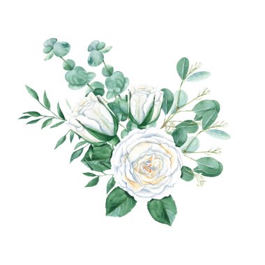 Creamy white rose watercolor wedding bouqet isolated on white background. Roses buttons, leaves, pistachio and eucalyptus branches. Hand drawn botanical illustration. Can be used for wedding, birthday