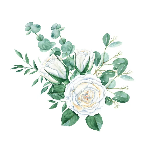 Creamy White Rose Watercolor Wedding Bouqet Isolated White Background Roses — Zdjęcie stockowe