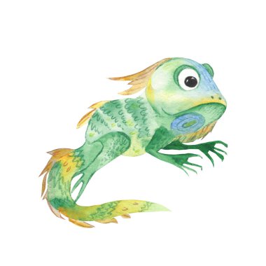 Cute iguana isolated on white background. Watercolor hand drawn illustration. Perfect for kid cards and posters, clothes prints and wallpaper design.
