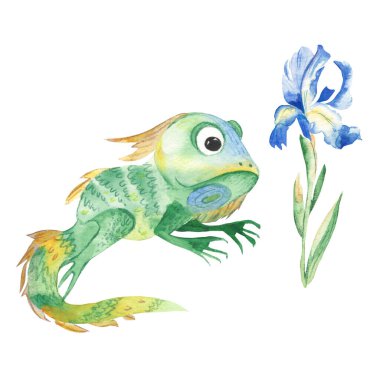 Cute coloured iguana and blue iris isolated on white background. Watercolor hand drawn illustration. Perfect for kid cards and posters, clothes prints and wallpaper design.