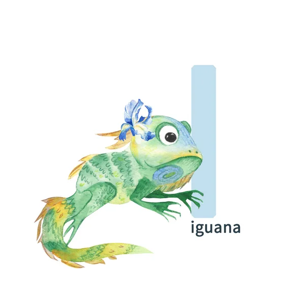 Letter Iguana Cute Kids Colorful Animals Abc Alphabet Watercolor Illustration — Stock fotografie