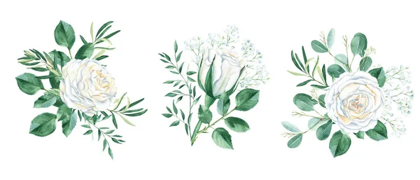 Creamy white rose watercolor wedding bouqets set isolated on white background. Roses buttons, leaves, pistachio, olives and eucalyptus branches. Hand drawn botanical illustration. Perfect for wedding