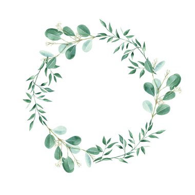 Watercolor wreath isolated on white background. Rustic greenery, pistachio and eucalyptus branches. Hand drawn botanical illustration. Ideal for stationery, wedding invitations, save the date