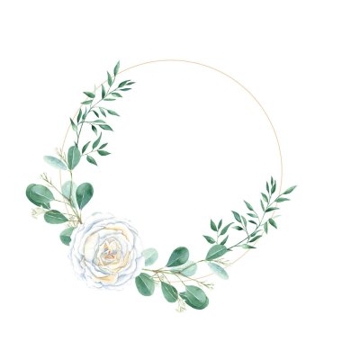 Watercolor wreath, round golden frame. Isolated on white background. Rustic greenery, creamy white rose, pistachio and eucalyptus branches. Hand drawn botanical illustration. Ideal for stationery