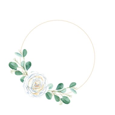 Watercolor wreath, round golden frame. Isolated on white background. Rustic greenery, creamy white rose and eucalyptus branches. Hand drawn botanical illustration. Ideal for stationery, wedding