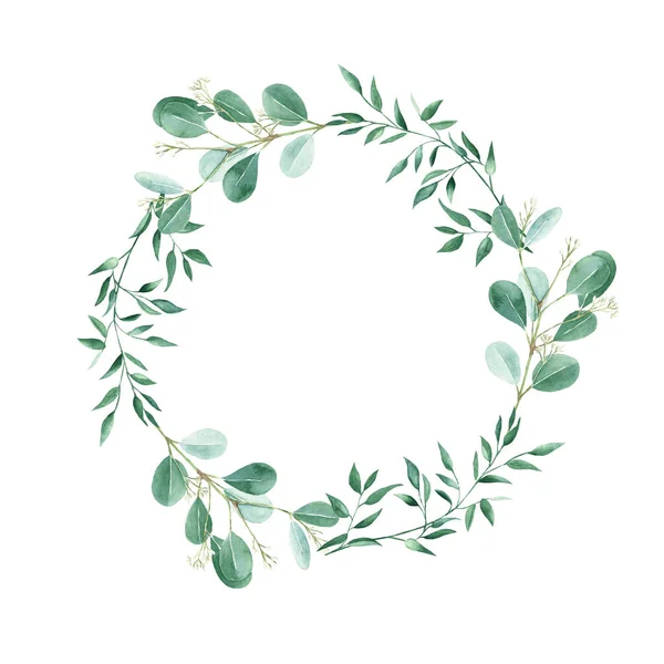 Watercolor wreath isolated on white background. Rustic greenery, pistachio and eucalyptus branches. Hand drawn botanical illustration. Ideal for stationery, wedding invitations, save the date