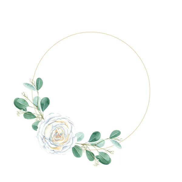 Watercolor Wreath Golden Frame Isolated White Background Rustic Greenery Creamy — 스톡 사진