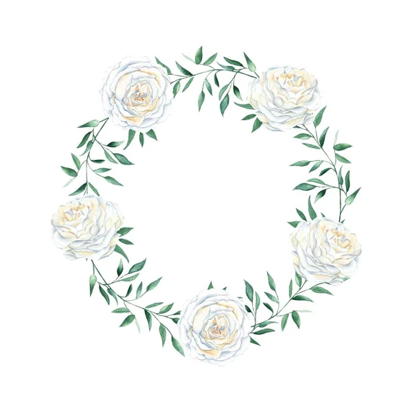 Акварельний Весільний Вінок Ізольований Білому Тлі Вершково Біла Троянда Зелені — стокове фото