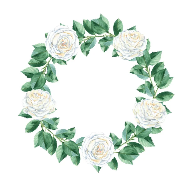 Акварельний Весільний Вінок Ізольований Білому Тлі Вершково Біла Троянда Зелене — стокове фото