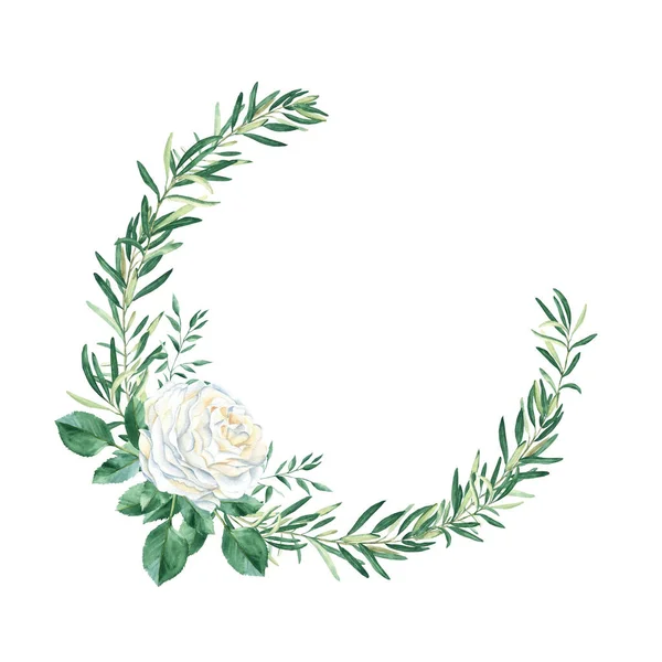 Στεφάνι Γάμου Υδατογραφία Απομονώνεται Λευκό Φόντο Κρεμώδες Λευκό Τριαντάφυλλο Πράσινο — Φωτογραφία Αρχείου