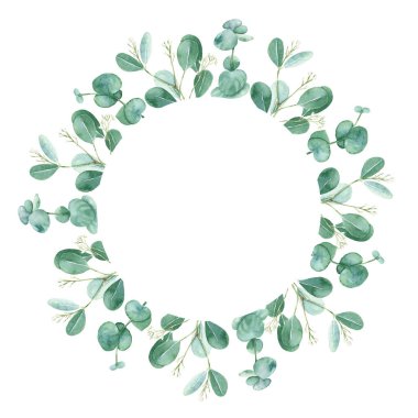 Watercolor round frame isolated on white background. Rustic greenery, eucalyptus branches. Hand drawn botanical illustration. Ideal for stationery, wedding invitations, save the date, greeting cards