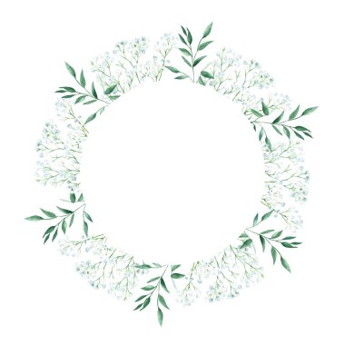 Watercolor circle frame isolated on white background. Rustic greenery, gypsophila twigs and pistachio branches. Hand drawn botanical illustration. Ideal for stationery, wedding invitations, save the