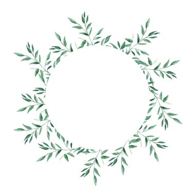 Green floral wreath, circle frame isolated on white background. Pistachio branches. For wedding stationery, invitations, save the date, greeting card, logos, stickers, backgrounds