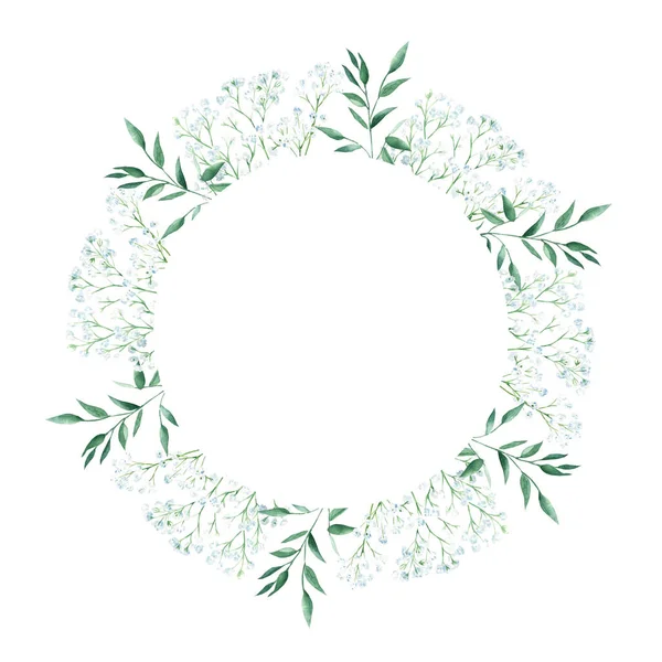 Watercolor circle frame isolated on white background. Rustic greenery, gypsophila twigs and pistachio branches. Hand drawn botanical illustration. Ideal for stationery, wedding invitations, save the