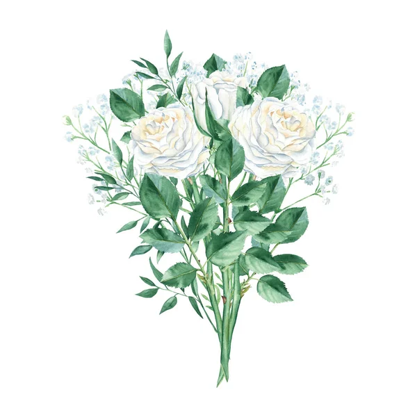 White Rose Watercolor Bouquet Isolated White Background Creamy Roses Buttons — 스톡 사진