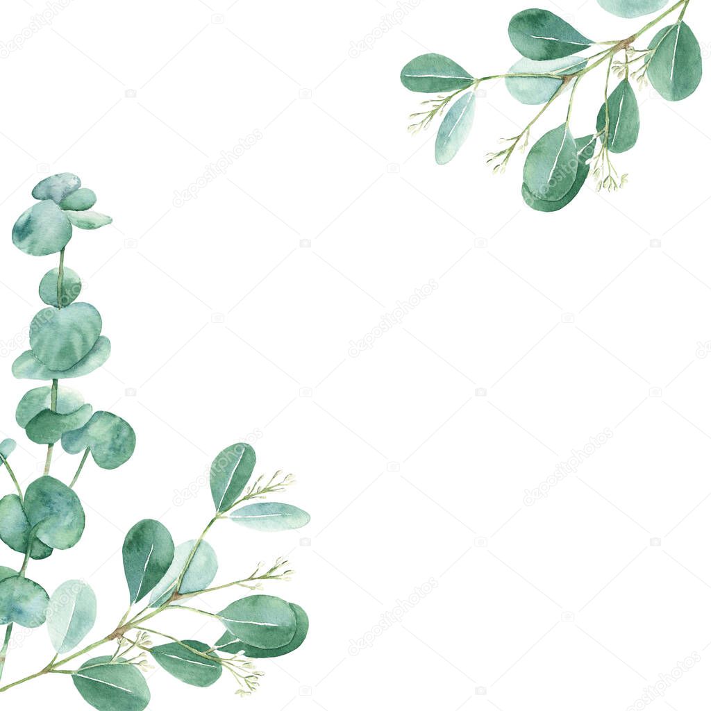 Watercolor frame, eucalyptus leaves. Rustic foliage. Hand drawn botanical illustration isolated on white background. Ideal for stationery, invitations, save the date, wedding, greeting card, baby