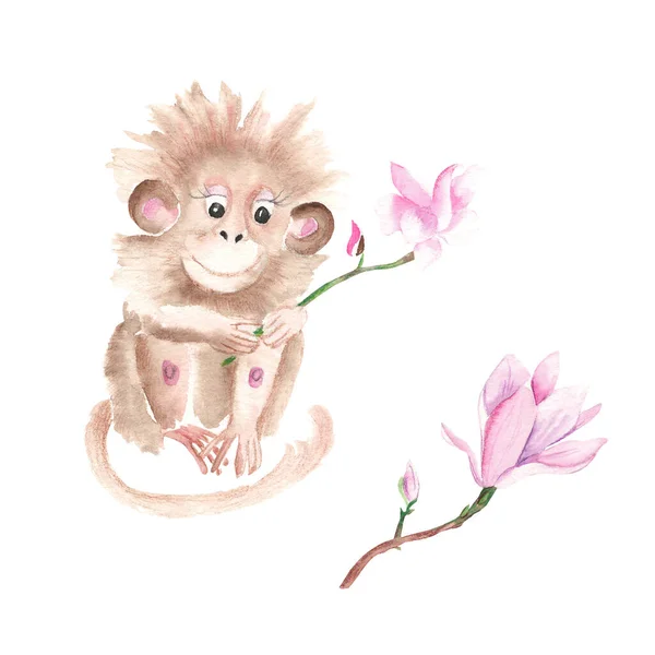 Cute Monkey Magnolia Branch Isolated White Background Watercolor Hand Drawn — Stock fotografie
