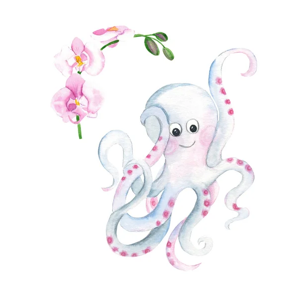 Cute smiling octopus and orchid isolated on white background. Watercolor hand drawn illustration. Perfect for kid cards, baby shower, clothes prints, decals