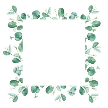 Watercolor floral frame, eucalyptus leaves and seeds. Hand drawn botanical illustration isolated on white background. Ideal for vintage stationery, invitations, save the date, wedding, greeting card
