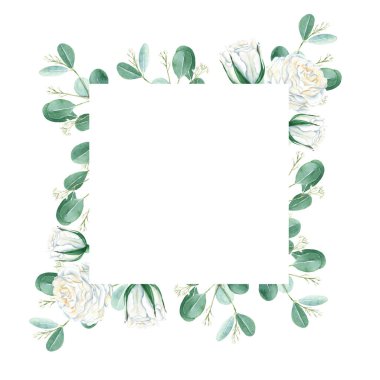 Watercolor floral frame, white roses and eucalyptus branches. Hand drawn botanical illustration isolated on white background. Ideal for vintage stationery, invitations, save the date, wedding