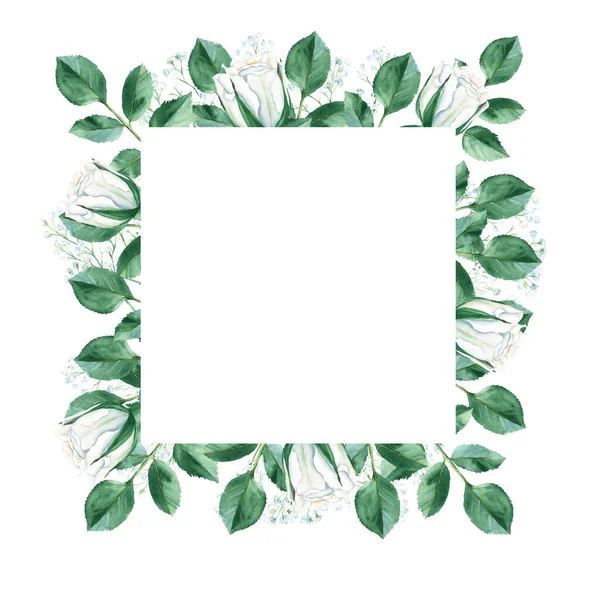 Watercolor Floral Frame Creamy White Roses Green Leaves Gypsophila Branches — Stok fotoğraf