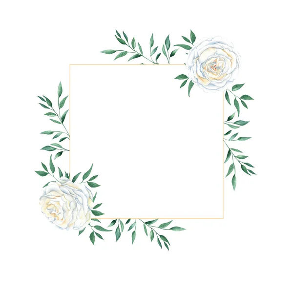 Watercolor floral frame, white roses and pistachio branches. Hand drawn botanical illustration isolated on white background. Ideal for vintage stationery, invitations, save the date, wedding, greeting
