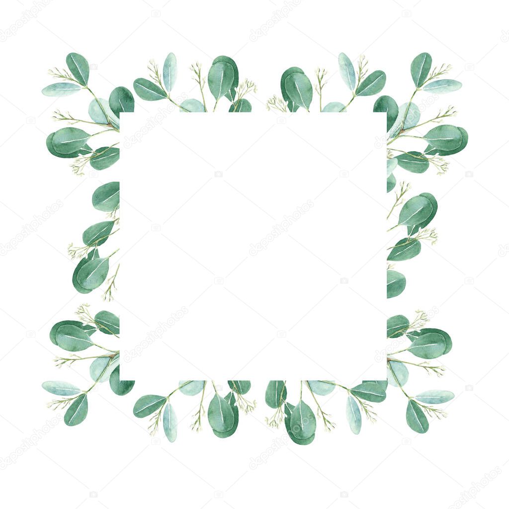 Watercolor floral frame, eucalyptus leaves and seeds. Hand drawn botanical illustration isolated on white background. Ideal for vintage stationery, invitations, save the date, wedding, greeting card