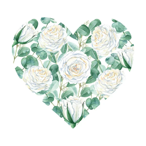 Akwarelowe Serce Kwiatu Białe Róże Gałązki Eukaliptusa Botaniczny Ręka Rysować — Zdjęcie stockowe