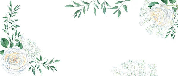 Rustic wedding watercolor banner. White creamy roses, gypsophila, greenery isolated on white background. Floral design frame. Can be used for cards, banners, blog templates