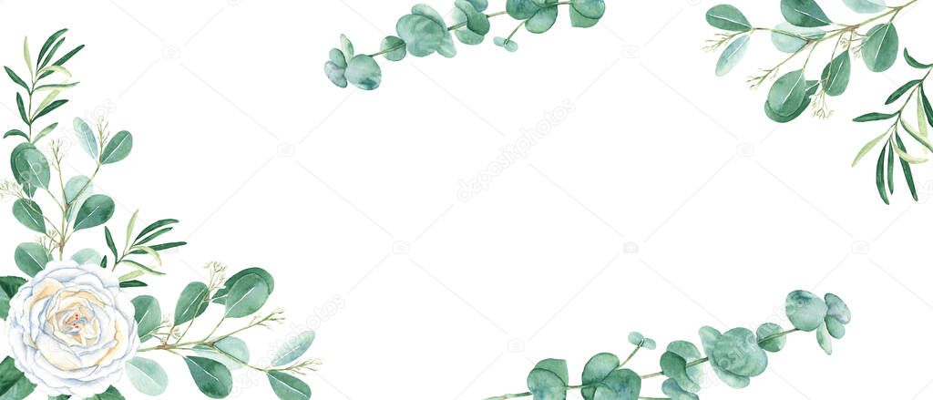 Rustic wedding watercolor banner. White creamy roses, eucalyptus and olive branches isolated on white background. Floral design frame. Can be used for cards, banners, blog templates